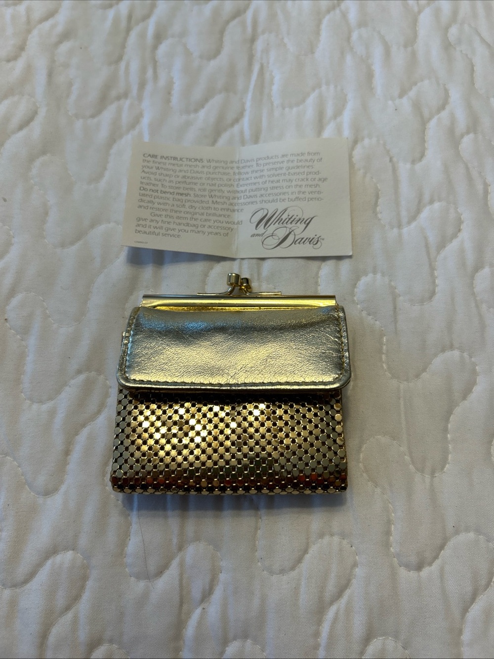 Vintage Whiting and Davis Gold Mesh Tri Fold Wallet Kiss Lock NEW